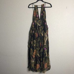 Free People Deep V Neck Black w/ JUngle Print Maxi Dress SZ S